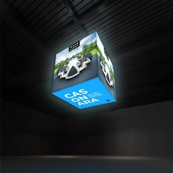 Breathe new light into your exhibit or retail space with Wavelight Casonara Light Box hanging signs. These backlit hanging blimps feature vibrant tension fabric graphics, illuminated from the inside out for max exhibit booth visibility. This 6ft x 6ft x 6