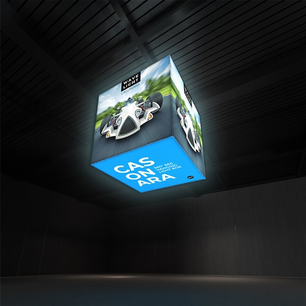 Breathe new light into your exhibit or retail space with Wavelight Casonara Light Box hanging signs. These backlit hanging blimps feature vibrant tension fabric graphics, illuminated from the inside out for max exhibit booth visibility. This 6ft x 6ft x 6