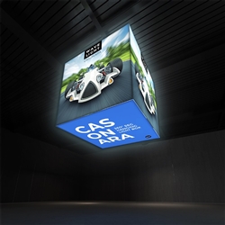 Breathe new light into your exhibit or retail space with Wavelight Casonara Light Box hanging signs. These backlit hanging blimps feature vibrant tension fabric graphics, illuminated from the inside out for max exhibit booth visibility. This 8ft x 8ft x 8