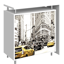 Hybrid Pro Modular Counter 01 is a stylish counter solution for any exhibit, featuring accessible storage with locking doors, choice of opaque or backlit push-fit fabric graphics and top laminated accent panel cover.