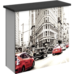 Hybrid Pro Modular Counter 03 is a stylish counter solution for any exhibit, featuring accessible storage with locking doors, choice of opaque or backlit push-fit fabric graphics and top laminated accent panel cover.