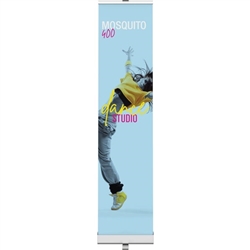 15.75in Mosquito 400 Silver Retractable Banner Stand with Premium Fabric. Mosquito Retractable Banner Stand Displays, also known as roll up exhibit displays, are ideal for trade show displays and retail environments. Advertising that stands up and stands