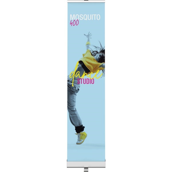 15.75in Mosquito 400 Silver Retractable Banner Stand with Vinyl Banner. Mosquito Retractable Banner Stand Displays, also known as roll up exhibit displays, are ideal for trade show displays and retail environments. Advertising that stands up and stands ou