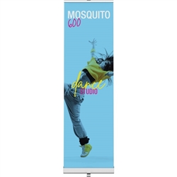 23.5in Mosquito 600 Silver Retractable Banner Stand with Vinyl Banner. Mosquito Retractable Banner Stand Displays, also known as roll up exhibit displays, are ideal for trade show displays and retail environments. Advertising that stands up and stands ou