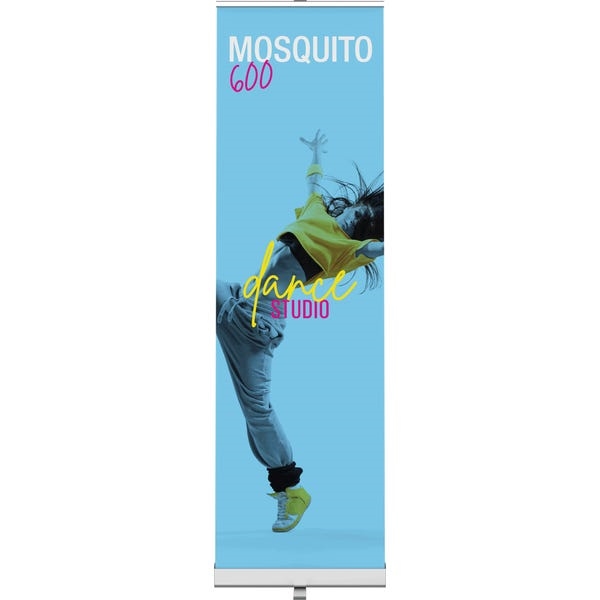 23.5in Mosquito 600 Silver Retractable Banner Stand with Vinyl Banner. Mosquito Retractable Banner Stand Displays, also known as roll up exhibit displays, are ideal for trade show displays and retail environments. Advertising that stands up and stands ou