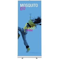 33.5in Mosquito 850 Silver Retractable Banner Stand with Vinyl Banner. Mosquito Retractable Banner Stand Displays, also known as roll up exhibit displays, are ideal for trade show displays and retail environments. Advertising that stands up and stands ou