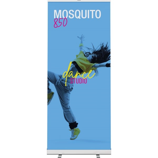 33.5in Mosquito 850 Silver Retractable Banner Stand with Supreme Melinex Fabric. Mosquito Retractable Banner Stand Displays, also known as roll up exhibit displays, are ideal for trade show displays and retail environments.