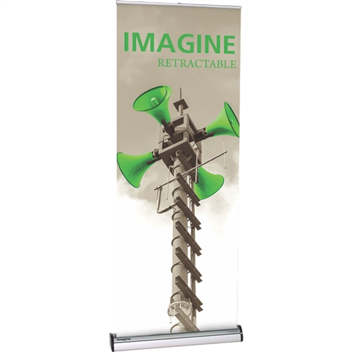 31.5in Imagine Interchangeable Cassette Retractable Banner Stand with Vinyl Banner is a premium, single-sided cassette retractable banner stand display for frequent graphics changes and switch-outs, our most popular removable cassette roller system