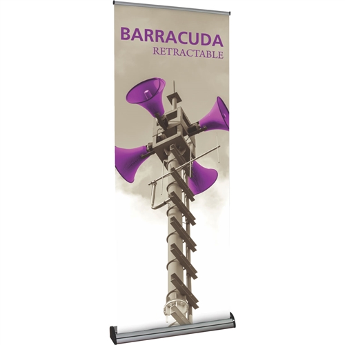 31.5in Barracuda 800 Silver Adjustable Retractable Banner Stand with Vinyl Banner is a premium stylish retractable banner stand made of aluminum. Retractable Banner Stand Barracuda 32 in Wide - Pulls Up to 7ft or Rolls Down to a Tabletop Display.