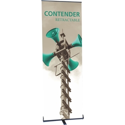 24in Contender Mini Silver Retractable Banner Stand w/ Vinyl Banner is best selling made in the USA banner stand trade show display. The Contender Retractable Banner has become a market leader, proving its dependability show after show.