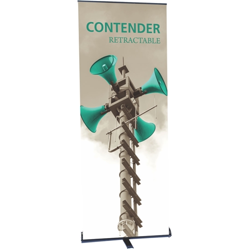 30in Contender Standard Retractable Silver Banner Stand with Fabric Banner is best selling made in the USA banner stand trade show display. The Contender Retractable Banner has become a market leader, proving its dependability show after show.