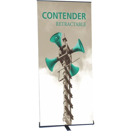 36in Contender Mega Fabric Silver Retractable Banner Stand with Vinyl Banner is best selling made in the USA banner stand trade show display. The Contender Retractable Banner has become a market leader, proving its dependability show after show.