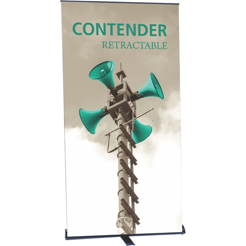 48in Contender Monster Retractable Black Banner Stand with Fabric Banner is best selling made in the USA banner stand trade show display. The Contender Retractable Banner has become a market leader, proving its dependability show after show.