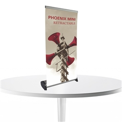 15.5in x 16 or 31.5in Phoenix Mini Retractable Tabletop Stand Display with Fabric Banner - a small tabletop-sized version of larger roll-up signs. Ideal for retail store point of purchase counter tops, convention tables, or just about anywhere you want a