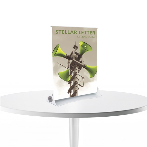 8.5in x 11in Stellar Letter Retractable Tabletop Banner Stand Vinyl - a small tabletop-sized version of larger roll-up signs. View a wide variety of portable banner stands to use at your tradeshows and conferences