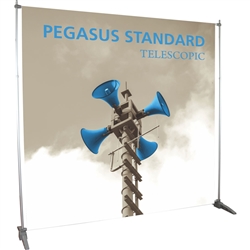The super affordable 8ft x 8ft Pegasus Standard Telescopic Silver Banner Stand with Fabric Banner are one of the most universal promotional displays used throughout trade show or events.