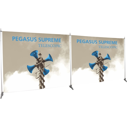 Extension kit to link two Pegasus Supreme units at the top & bottom. The super affordable 8ft x 8ft Pegasus Standard Telescopic Black Stand with Vinyl Banner are one of the most universal promotional displays used throughout trade show or events.
