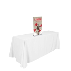 14in x 27in L-Mini Table Top Tension Banner Stand with Vinyl Banner is small tabletop-sized version of larger signs. Ideal for retail store point of purchase counter tops, convention tables, or just about anywhere you want a sign.