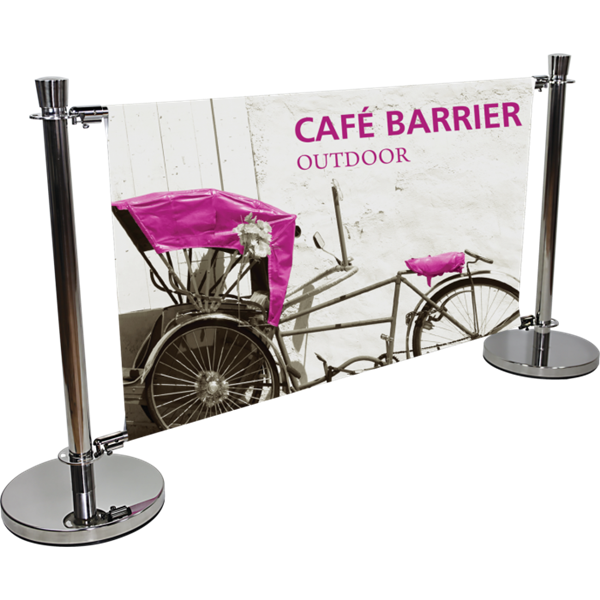 Crowd Control Cafe Barrier System with Double-sided Banner is an indoor or outdoor modular display system. Crowd control barrier, like this fencing barricade, is a great way to promote a new business, brand or event.