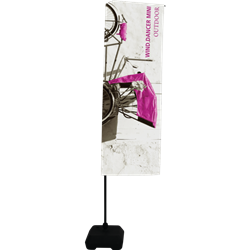 Single-Sided Flag for Wind Dancer Mini. It is a great option for outdoor and indoor banner displays. It offers an adjustable display height and comes with a black hollow base. Outdoor Indoor Flag Single Sided Banner Stand Wind Dancer Mini 8ft Tall.