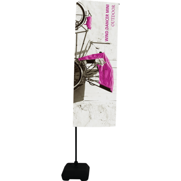 Wind Dancer Mini is a great option for outdoor and indoor banner displays. It offers an adjustable display height and comes with a black hollow base. Outdoor Indoor Flag Single Sided Banner Stand Wind Dancer Mini 8ft Tall.