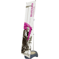 23.5in x 80in Printed Banner for Blizzard BannerStand. Blizzard Outdoor Banner Display is adjustable in both width and height to allow multiple graphic sizes, and has a large base that can be filled with either water or sand.