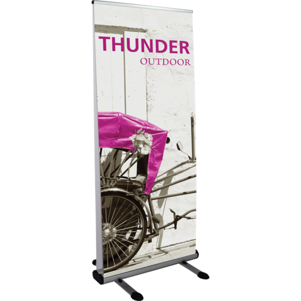 35in x 82.7in Thunder Double-Sided Outdoor Retractable with 2 Imprinted Banners has both stability and looks. It is adjustable in both width and height to allow multiple graphic sizes, and has a large base that can be filled with either water or sand