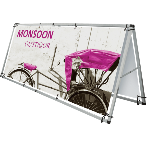 A great option for an outdoor banner display, Monsoon's double sided large format A-frame is made from lightweight aluminum. Monsoon is reusable and is the perfect graphics carrier for venues, events, exhibitions and promotions. For indoor or outdoor