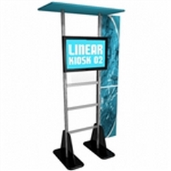 Trade Show Monitor Stand Multi Media Kiosk Modular Linear Kit 02  with Printed Wings. Compliment your Linear Trade Show Display while adding excitement and attention to your trade show booth with these sleek attractive Linear Monitor Trade Show Kiosk Kit