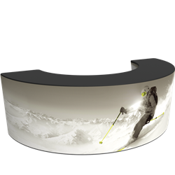 Formulate Bar counter 04 adds modern flare to any trade show exhibit, event or POP display. The curved counter pairs push-fit fabric graphics with a durable countertop and base, and provides the ideal configuration to create a display or reception counter