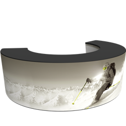 Formulate Bar counter 05 adds modern flare to any trade show exhibit, event or POP display. The curved counter pairs push-fit fabric graphics with a durable countertop and base, and provides the ideal configuration to create a display or reception counter