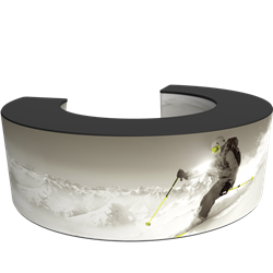 Formulate Bar counter 06 adds modern flare to any trade show exhibit, event or POP display. The curved counter pairs push-fit fabric graphics with a durable countertop and base, and provides the ideal configuration to create a display or reception counter