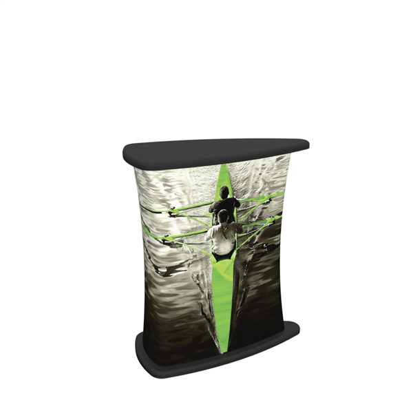 Formulate counters couple lightweight hardware with printed stretch silicone edge fabric graphics (SEG) to create funky and functional reception stands. Tables and bases are available in four colored finishes  silver, black, mahogany and natural.