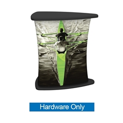 Formulate counters couple lightweight hardware with printed stretch silicone edge fabric graphics (SEG) to create funky and functional reception stands. Tables and bases are available in four colored finishes  silver, black, mahogany and natural.