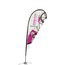 Promotional flags get your message noticed with motion!  Custom printed 9ft Zoom Flex Small double-sided Teardrop outdoor flags are perfect outside retail stores, at trade shows, expos, fairs, and more.