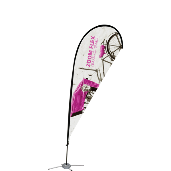 Promotional flags get your message noticed with motion!  Custom printed 9ft Zoom Flex Small double-sided Teardrop outdoor flags are perfect outside retail stores, at trade shows, expos, fairs, and more.