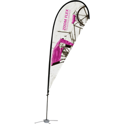 Promotional flags get your message noticed with motion!  Custom printed 12ft Zoom Flex Medium single-sided Teardrop outdoor flags are perfect outside retail stores, at trade shows, expos, fairs, and more.