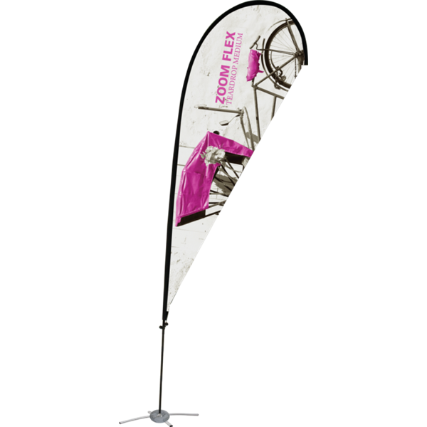 Promotional flags get your message noticed with motion!  Custom printed 12ft Zoom Flex Medium double-sided Teardrop outdoor flags are perfect outside retail stores, at trade shows, expos, fairs, and more.