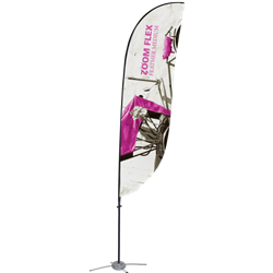 Promotional flags get your message noticed with motion!  Custom printed 12ft Zoom Flex Medium single-sided Feather outdoor flags are perfect outside retail stores, at trade shows, expos, fairs, and more.
