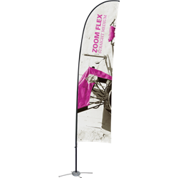 Promotional flags get your message noticed with motion!  Custom printed 12ft Zoom Flex Medium double-sided Straight outdoor flags are perfect outside retail stores, at trade shows, expos, fairs, and more.
