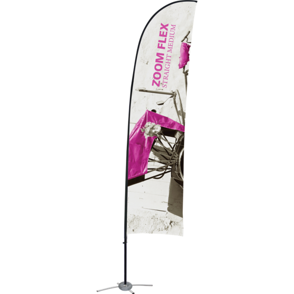 Promotional flags get your message noticed with motion!  Custom printed 12ft Zoom Flex Medium single-sided Straight outdoor flags are perfect outside retail stores, at trade shows, expos, fairs, and more.