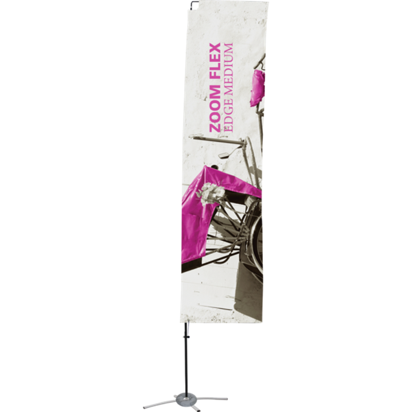 Promotional flags get your message noticed with motion!  Custom printed 12ft Zoom Flex Medium single-sided Edge outdoor flags are perfect outside retail stores, at trade shows, expos, fairs, and more.