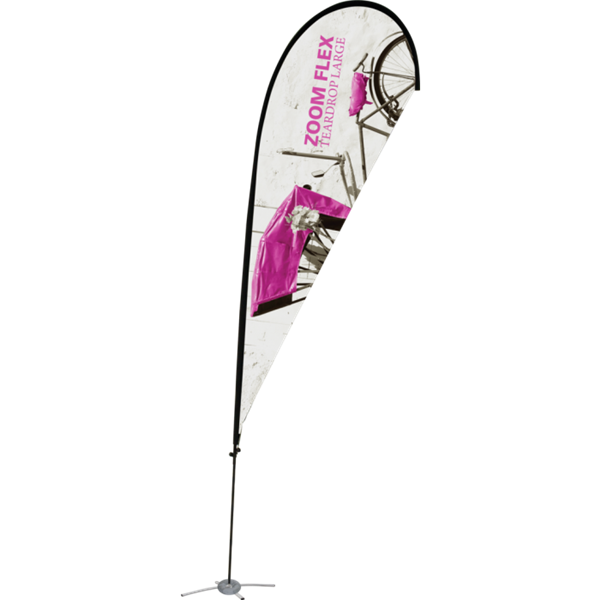 Promotional flags get your message noticed with motion!  Custom printed 15ft Zoom Flex Large double-sided Teardrop outdoor flags are perfect outside retail stores, at trade shows, expos, fairs, and more.