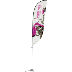 Promotional flags get your message noticed with motion!  Custom printed 15ft Zoom Flex Large single-sided Feather outdoor flags are perfect outside retail stores, at trade shows, expos, fairs, and more.