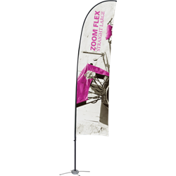 Promotional flags get your message noticed with motion!  Custom printed 15ft Zoom Flex Large single-sided Straight outdoor flags are perfect outside retail stores, at trade shows, expos, fairs, and more.