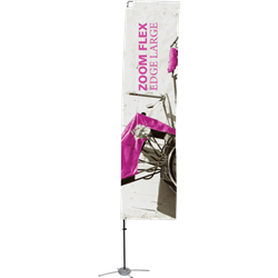 Promotional flags get your message noticed with motion!  Custom printed 15ft Zoom Flex Large single-sided Edge outdoor flags are perfect outside retail stores, at trade shows, expos, fairs, and more.