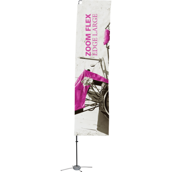 Promotional flags get your message noticed with motion!  Custom printed 15ft Zoom Flex Large single-sided Edge outdoor flags are perfect outside retail stores, at trade shows, expos, fairs, and more.