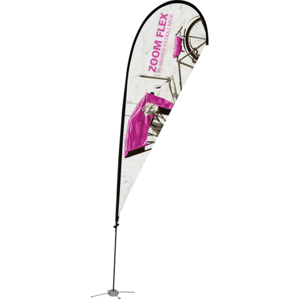 Promotional flags get your message noticed with motion!  Custom printed 19ft Zoom Flex Extra Large single-sided Teardrop outdoor flags are perfect outside retail stores, at trade shows, expos, fairs, and more.