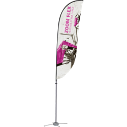 Promotional flags get your message noticed with motion!  Custom printed 19ft Zoom Flex Extra Large single-sided Feather outdoor flags are perfect outside retail stores, at trade shows, expos, fairs, and more.