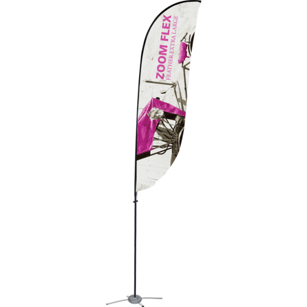 Promotional flags get your message noticed with motion!  Custom printed 19ft Zoom Flex Extra Large double-sided Feather outdoor flags are perfect outside retail stores, at trade shows, expos, fairs, and more.